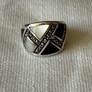 Dee Berkley Jewelry MOP, Onyx & Marcasite Inlay Geometric Sterling Silver Ring